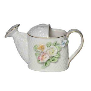 Vintage Small Ceramic Plant or Flower Watering Can Decorative White